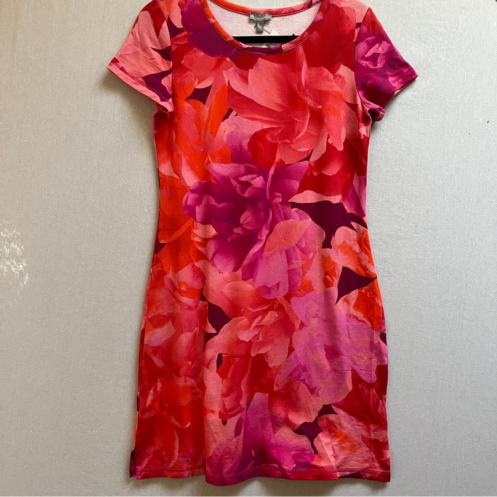 NWT Talbots Pink Red Floral Short Sleeve Cotton T-Shirt Dress Size XS